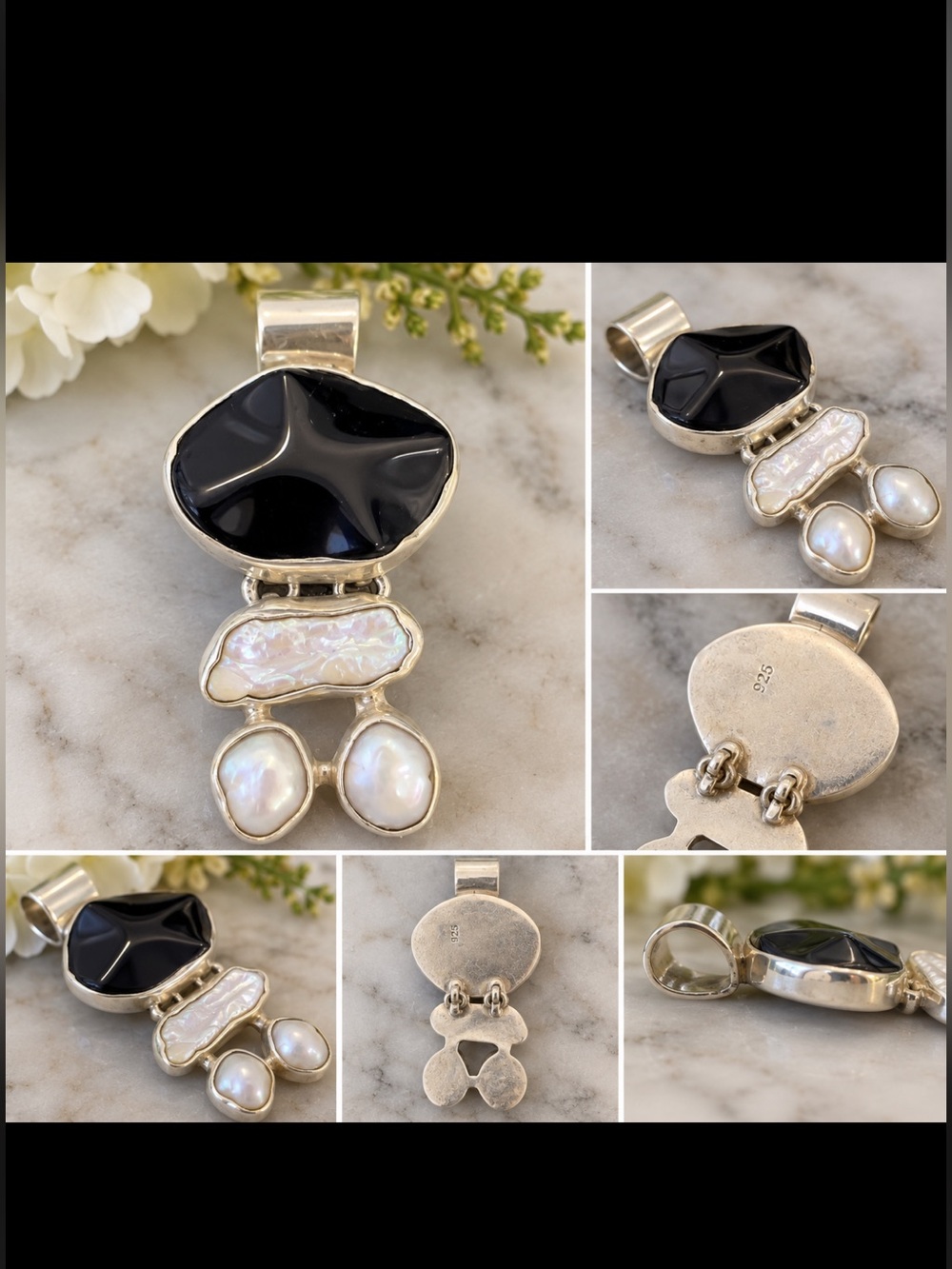 Sterling Silver Black Onyx and Mother of Pearl Pendant